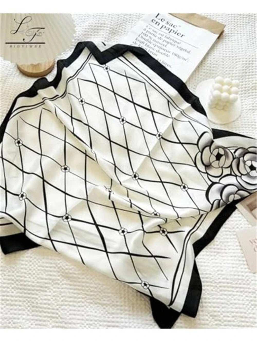 Head Scarf Black and White Flowers Hair Bandana 35